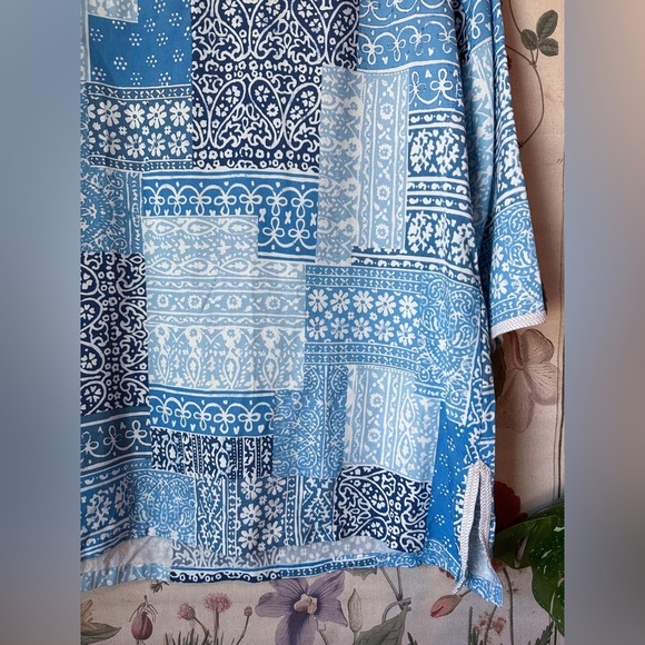 J McLaughlin 3/4 Sleeve Patchwork Paisley Tunic Top Cover Up Beach Blue Large - Picture 9 of 12